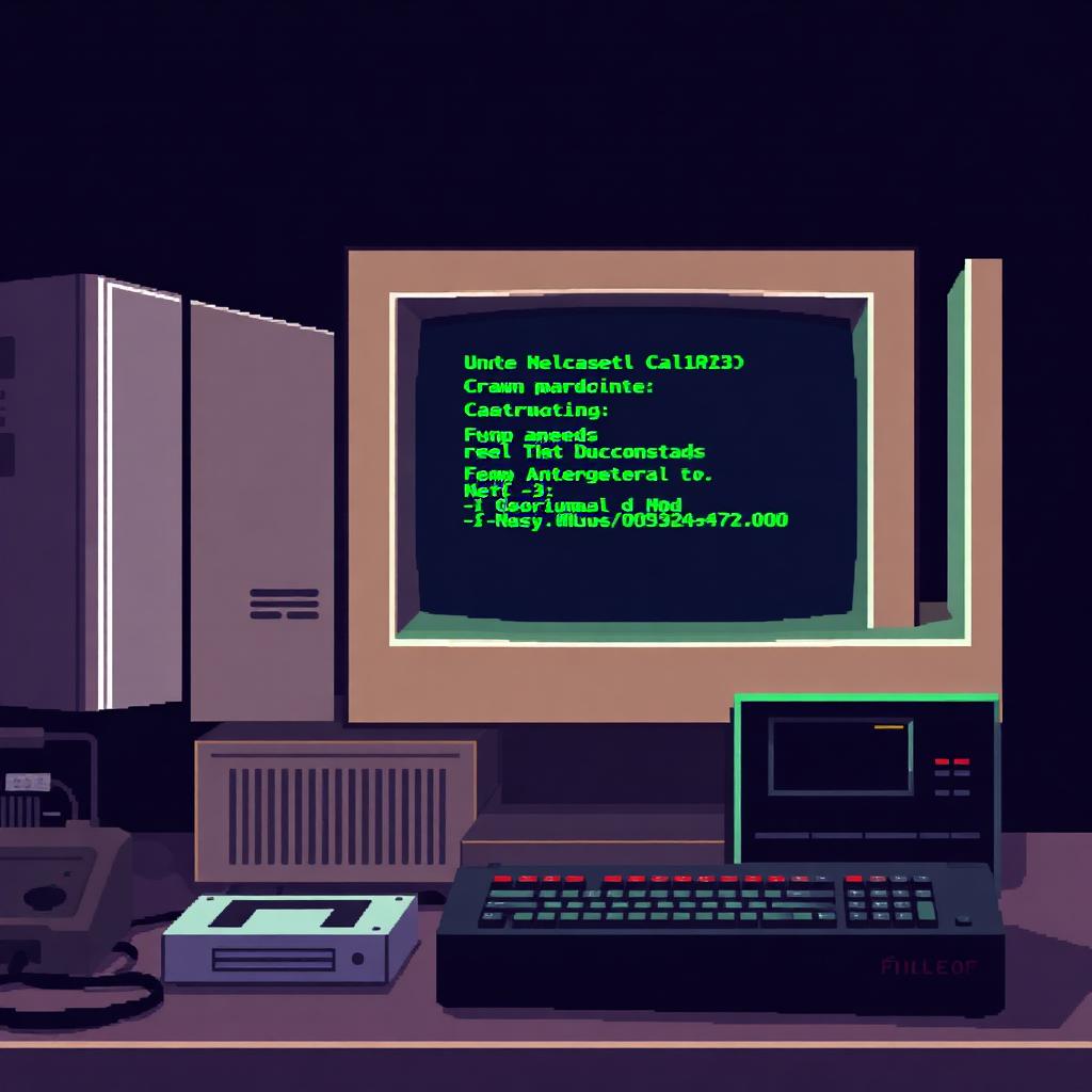 Pixel art 1995 desktop computer with green terminal text