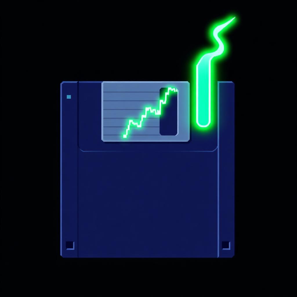Pixel art floppy disk with a green pump chart