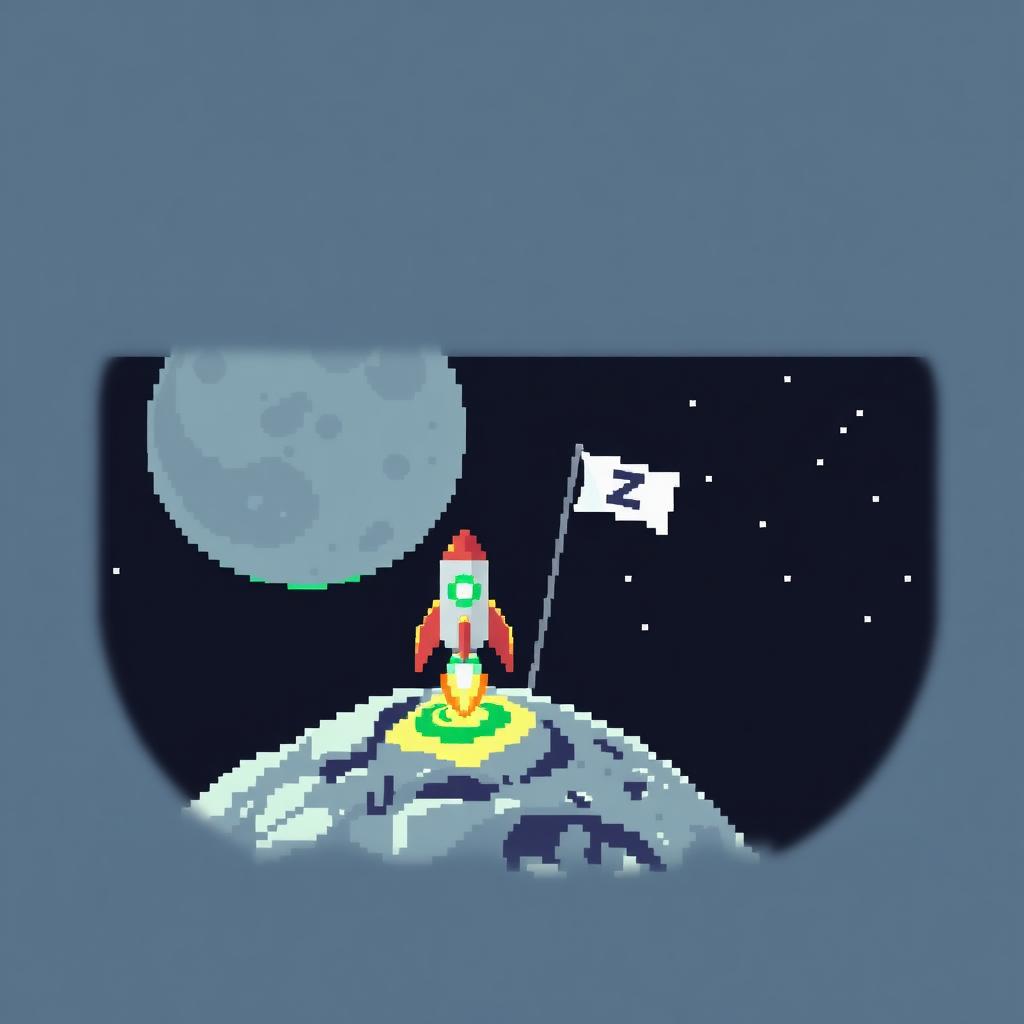 Pixel art rocket landing on the moon with a Z flag